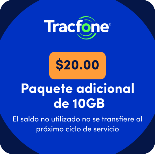 Plan de $20. 10 GB de datos adicionales. El saldo no utilizado no se transfiere al siguiente ciclo de servicio.